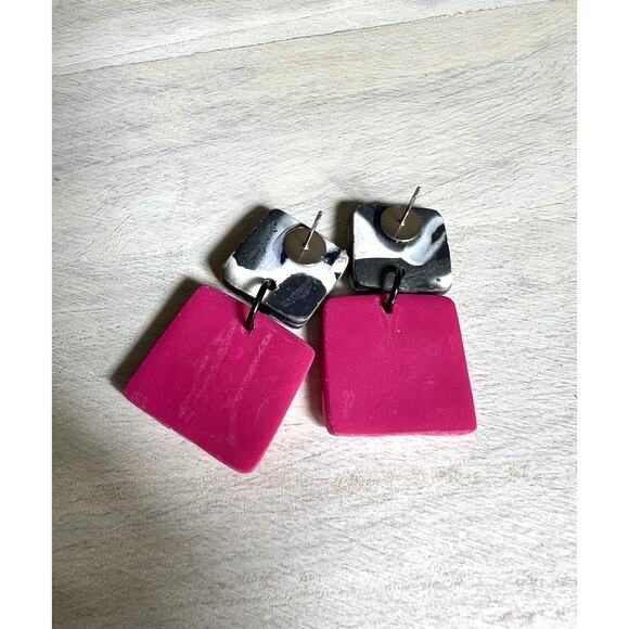 Handmade Polymer Clay Earrings Handcrafted Artwork Black White Pink - Picture 4 of 4